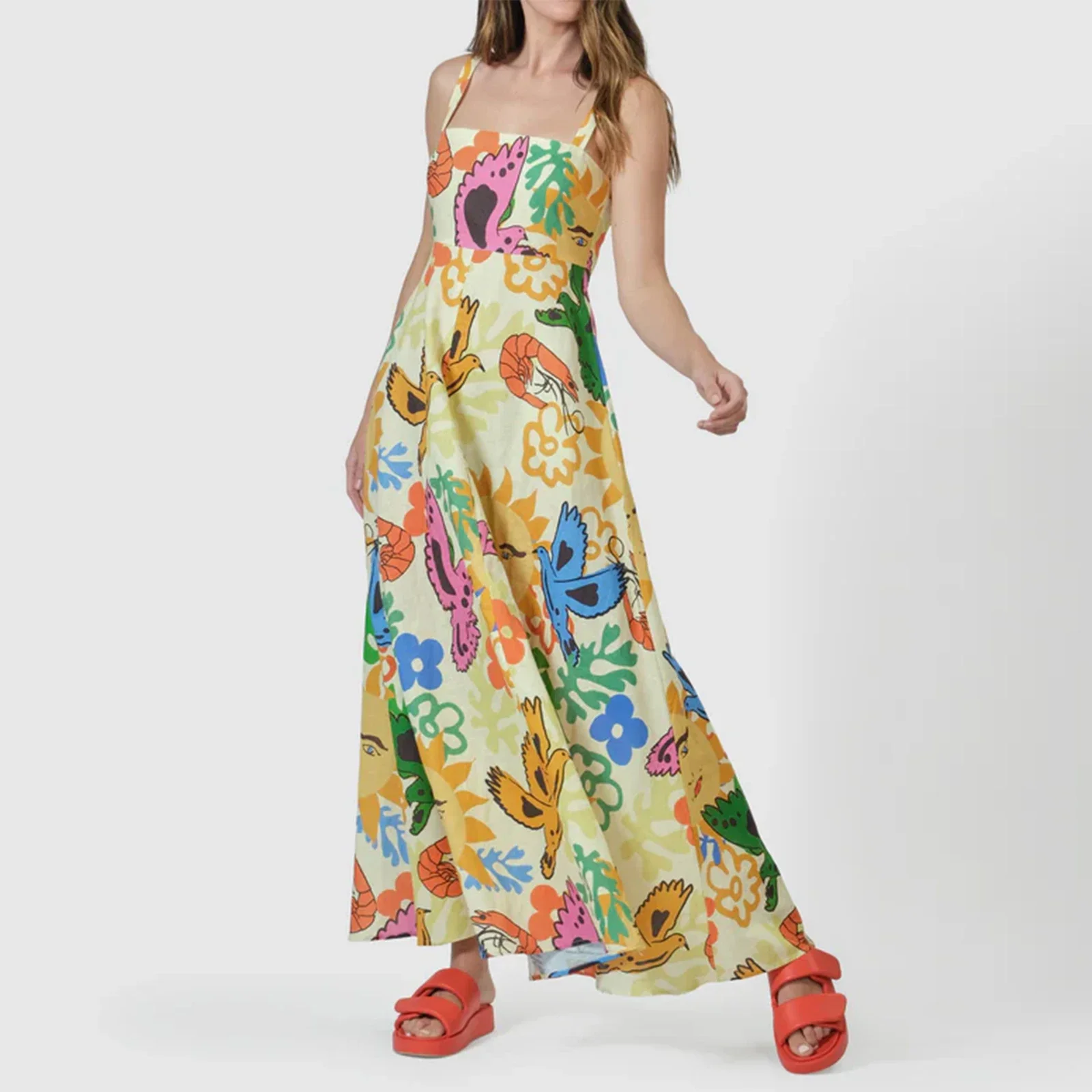 

Women Fashion Printed Long Dress Sun Birds Print Sleeveless Dress Summer Casual Cami A-line Dress