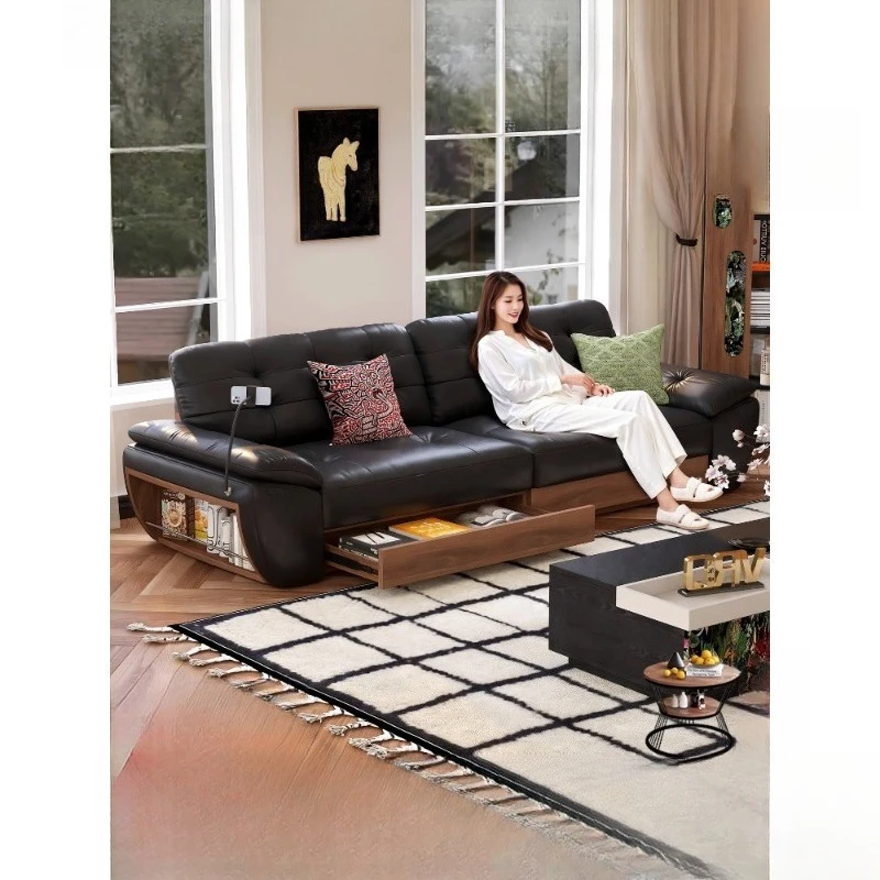 

Black leather sofa rechargeable with bracket medieval living room cloud sofa