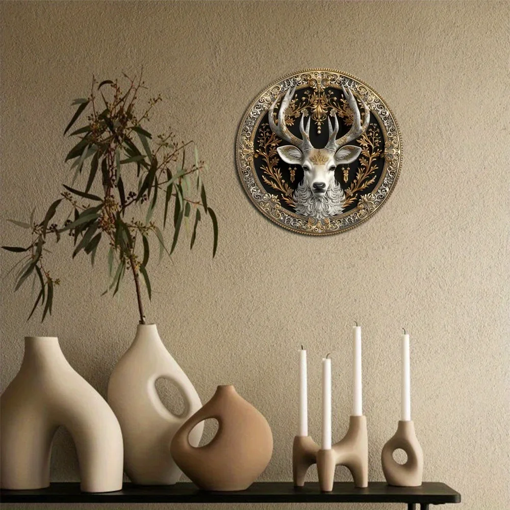 Metal decoration plate with deer head design, round and flat print, decorative gift for home, cafe and wall decoration, 2D