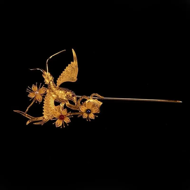 Hanfu Magpie Hairpin Gold Flower Silk Inlaid with Electroplated Gold Yan Palace Antique Ancient Costume Fairy Headdress