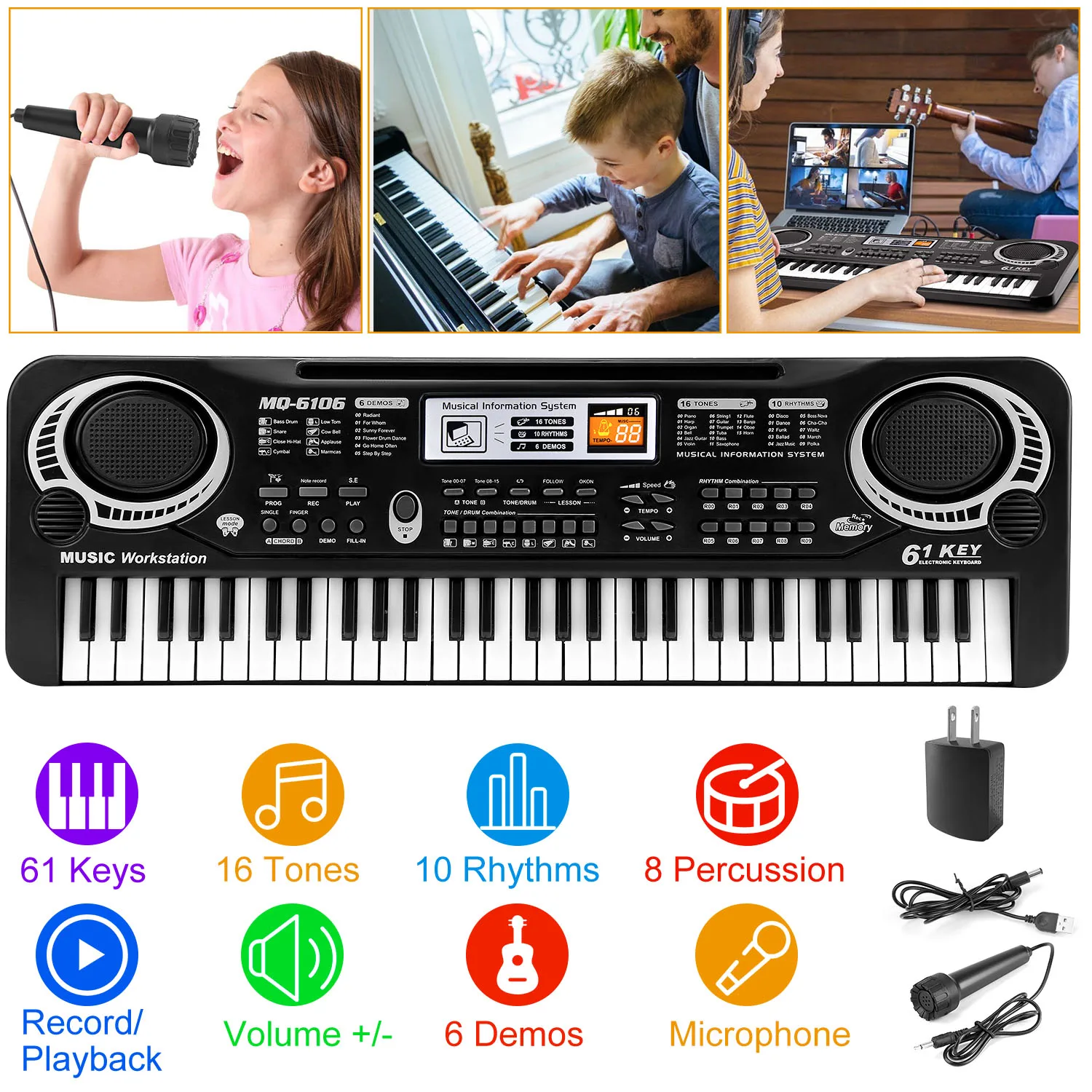 

61 Keys Digital Music Electronic Keyboard Electric Piano Musical Instrument Kids Learning Keyboard With Microphone