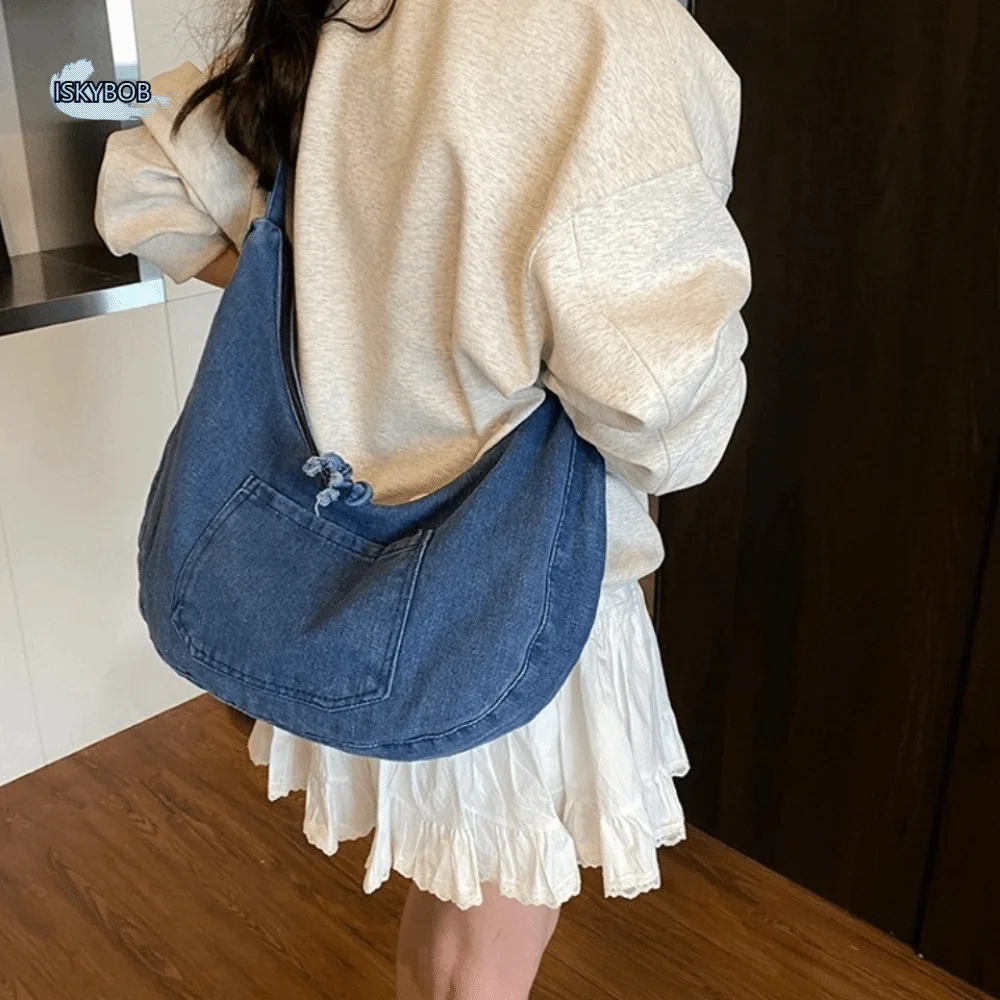 

Trendy Vintage Denim Shoulder Bag Versatile Multi-pockets Cross Body Bag Commuting Large Capacity Satchel Bags Ladies