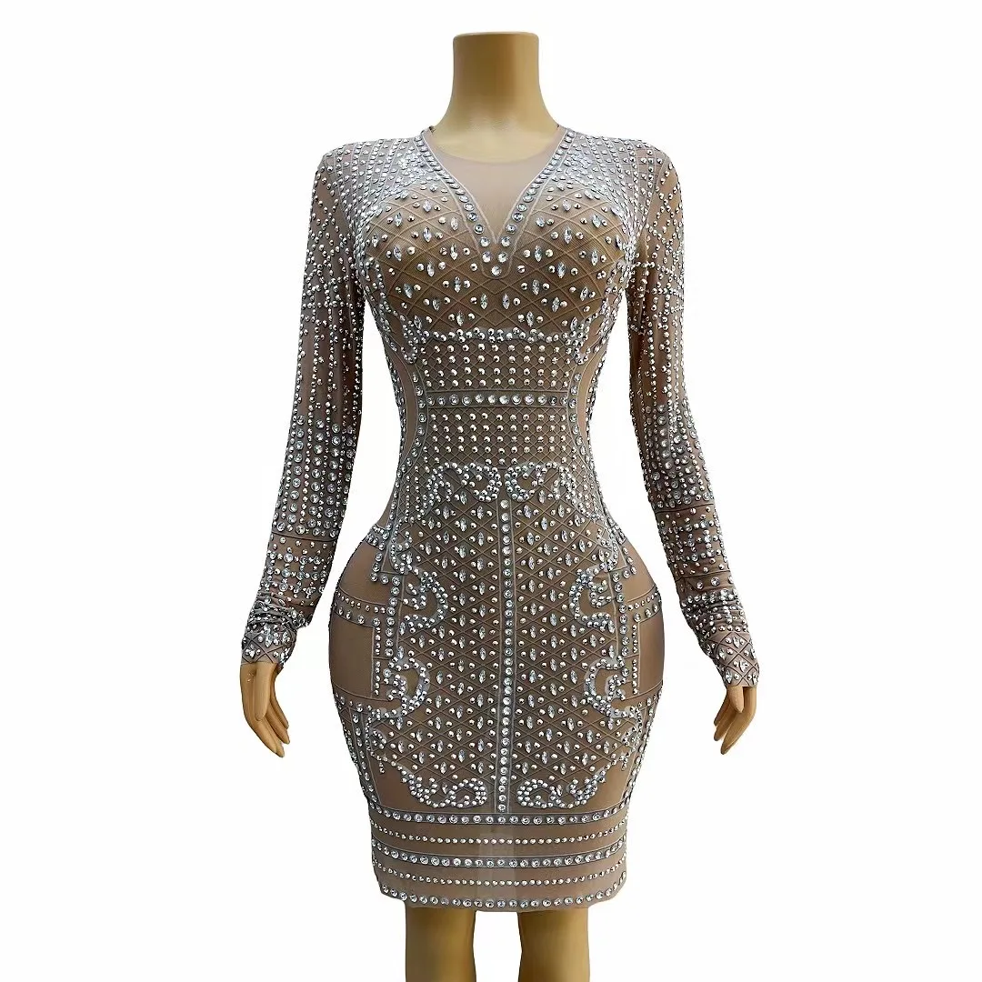 

Silver Rhinestones Pearls Nude Transparent Dress Evening Dance Show Outfit Birthday Celebrate Sexy Collection magua