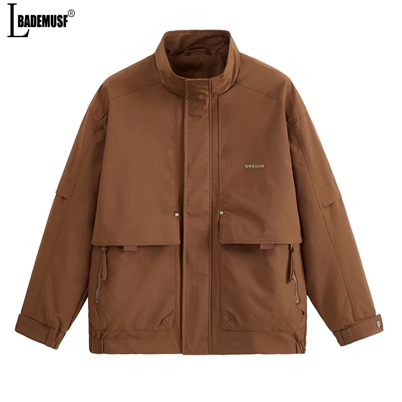 

New Jacket Man Stand Collar Spring Autumn Tops Fashion Leisure Zipper Pocket Solid Color Loose Simplicity Comfortable Coat Man