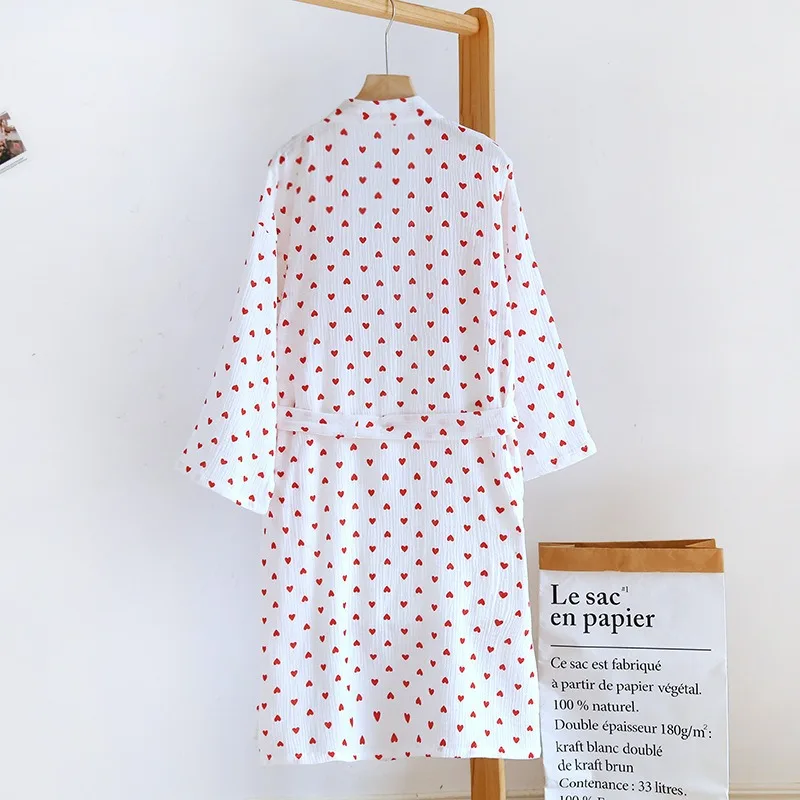 Zomer Puur Katoenen Crêpe Nachthemd Vrouwen Lieve Liefde Geprint Nachtjapon Japanse Katoenen Kimono Dunne Badjas Pyjama Nachtkleding