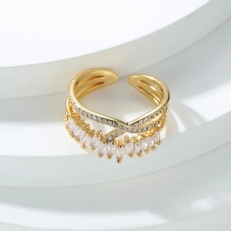 Light Luxury Cross Ladder Square Zirconia Open Ring for Women, Double Layered Elegant Tassel Adjustable High-end Accessory