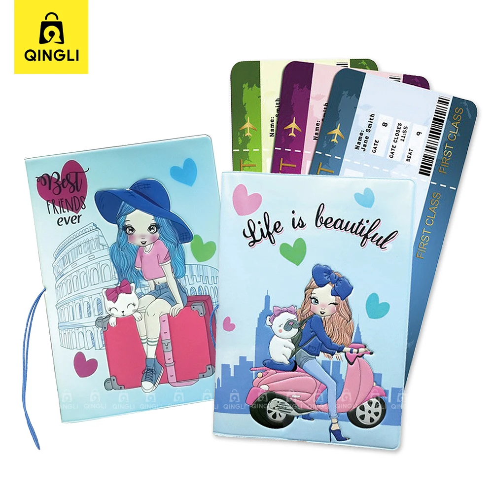 New Cute Travel Girl Passport Cover Creative Relief Pattern Passport Holder Anti-lost Telescopic Rope Protective Passport Case