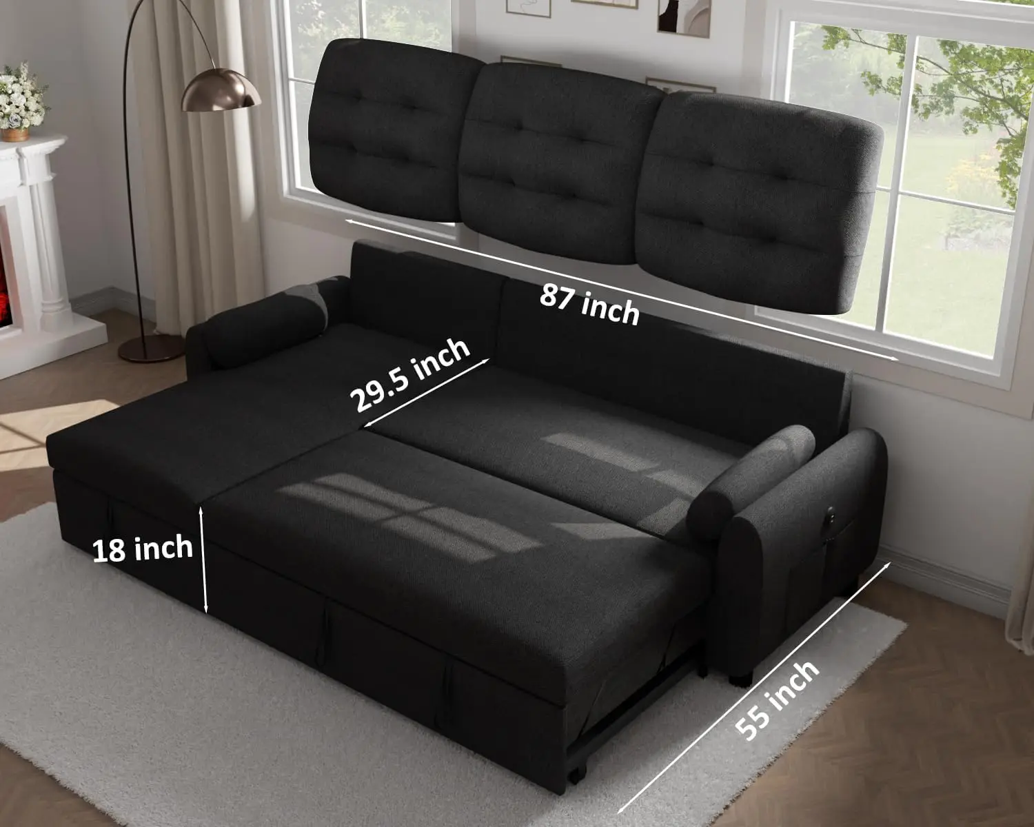 Sectional Sofa Couch, 87" Sleeper Sofa Bed with Reversible Storage Chaise Pull Out Couch for Living Room | Side Pocket | Chargin