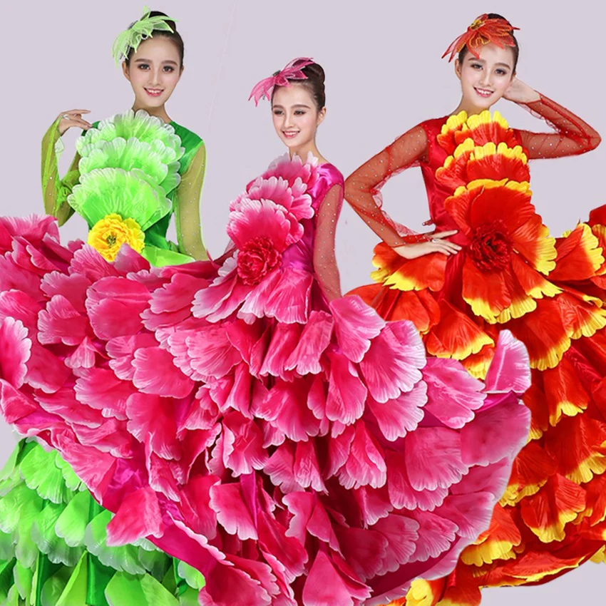 360องศา/หลา Plus ขนาดผู้หญิงสเปน Flamenco ชุดกลีบดอกไม้ Maxi ยิปซีสาวเวทีงานฝีมือเปิดเครื่องแต่งกายเต้นรำ