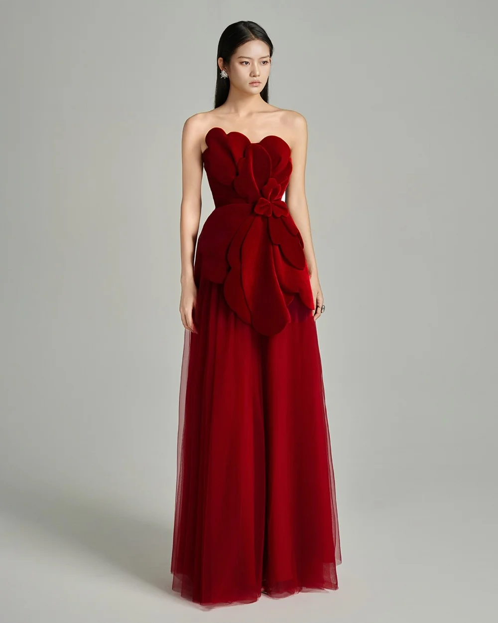 

Customized Intricate Matching Velour Pleat Handmade Flower A-line Strapless Long Dresses Evening Dresses Exquisite High Quality