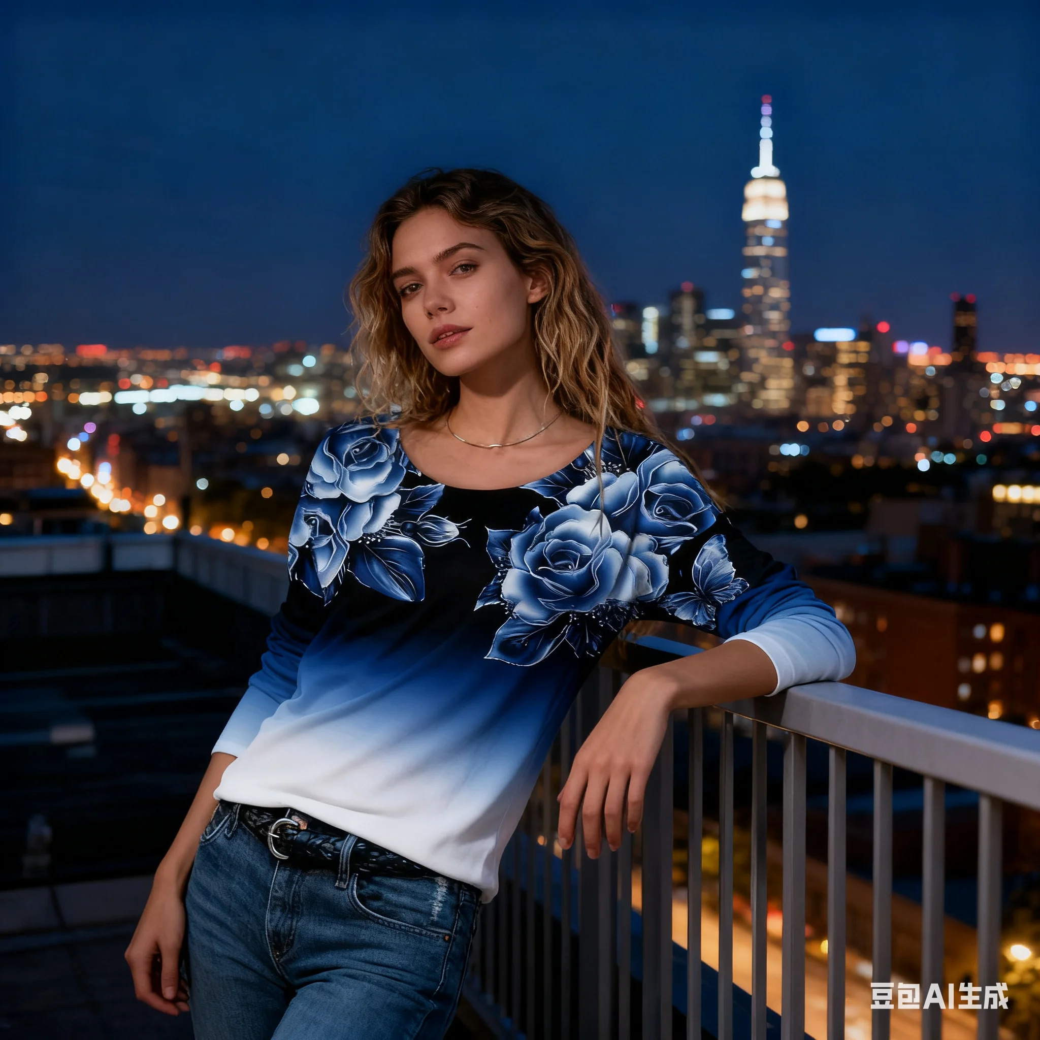 

Women's Long Sleeve Round Neck Gradient Floral Print Top, Casual Loose Fit Pullover for Daily Wear Vacation Holiday Club Outfits