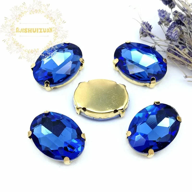 Light Sapphire Crystal Oval With Gold Claw Setting Rhinestones Sewing Clothe For Needlework Stone DIY Sew On Wedding Dress Shoes