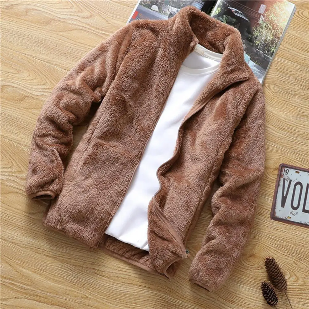 Fashion Jacket Coat Double Sided Velvet Fluffy Jacket Zipper Closure Stand Collar Warm Cardigan Jacket Cold Resistant