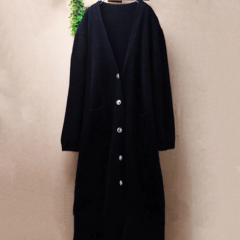 

1.5KG Heavy Thick Women Mujer Fall Winter Clothes Black Hairy Mink Cashmere Knitted V-Neck Long Sleeves Loose Long Sweater Coat