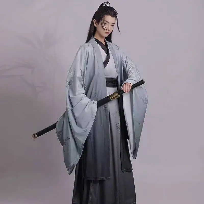 

Men's Original Gray Hanfu Dress Traditional Chinese Printing Dyeing Costume Stylish Boys Halloween Cosplay Clothing Stage Suit