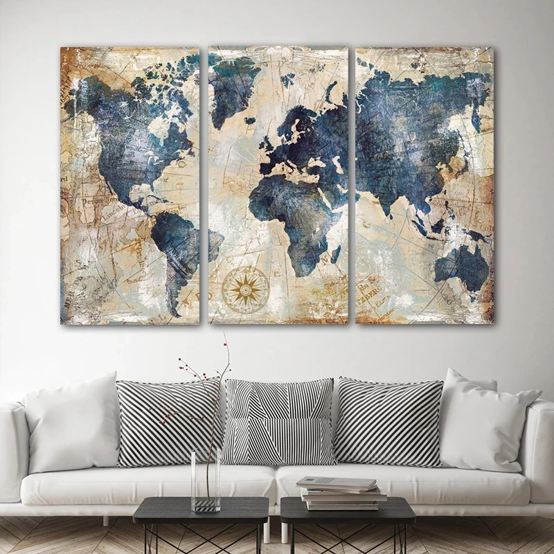 

3 Panels Abstract Art World Map Oil Paintings on Canvas Wall Posters Prints Pictires for Living Room Home Decor