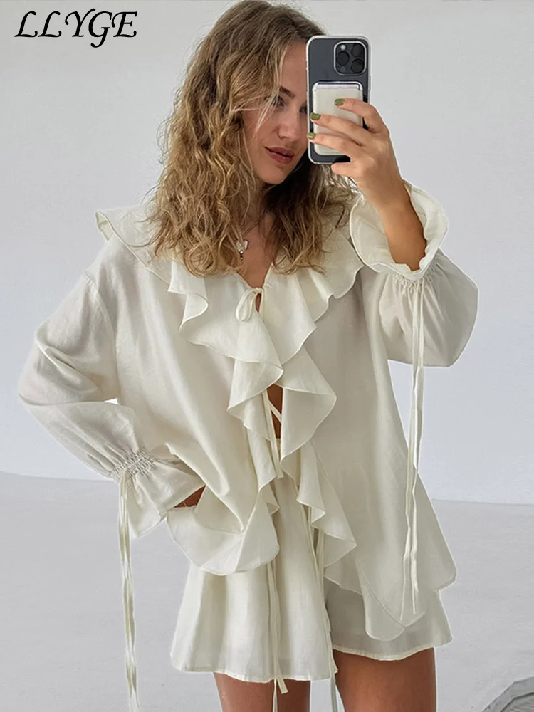 

Sweet Solid Lace Up Ruffles Women Shorts Suits Lantern Sleeve Loose Shirt Wide Leg Shorts 2025 Spring Summer New Chic Lady Sets