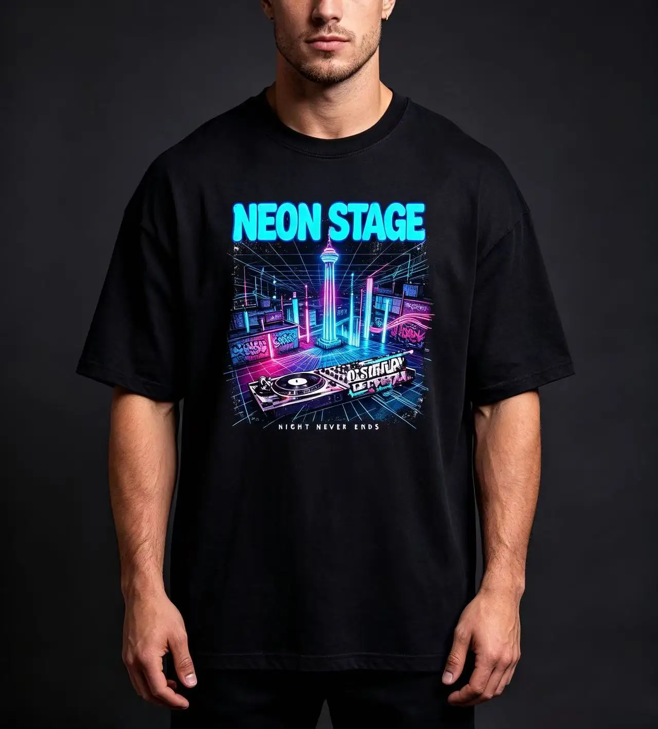 Unisex Neon Stage Cyberpunk City DJ Turntable Graphic T Shirt Men Women Neon Light Graffiti Night Club Print Oversized Crew Neck Cotton Top