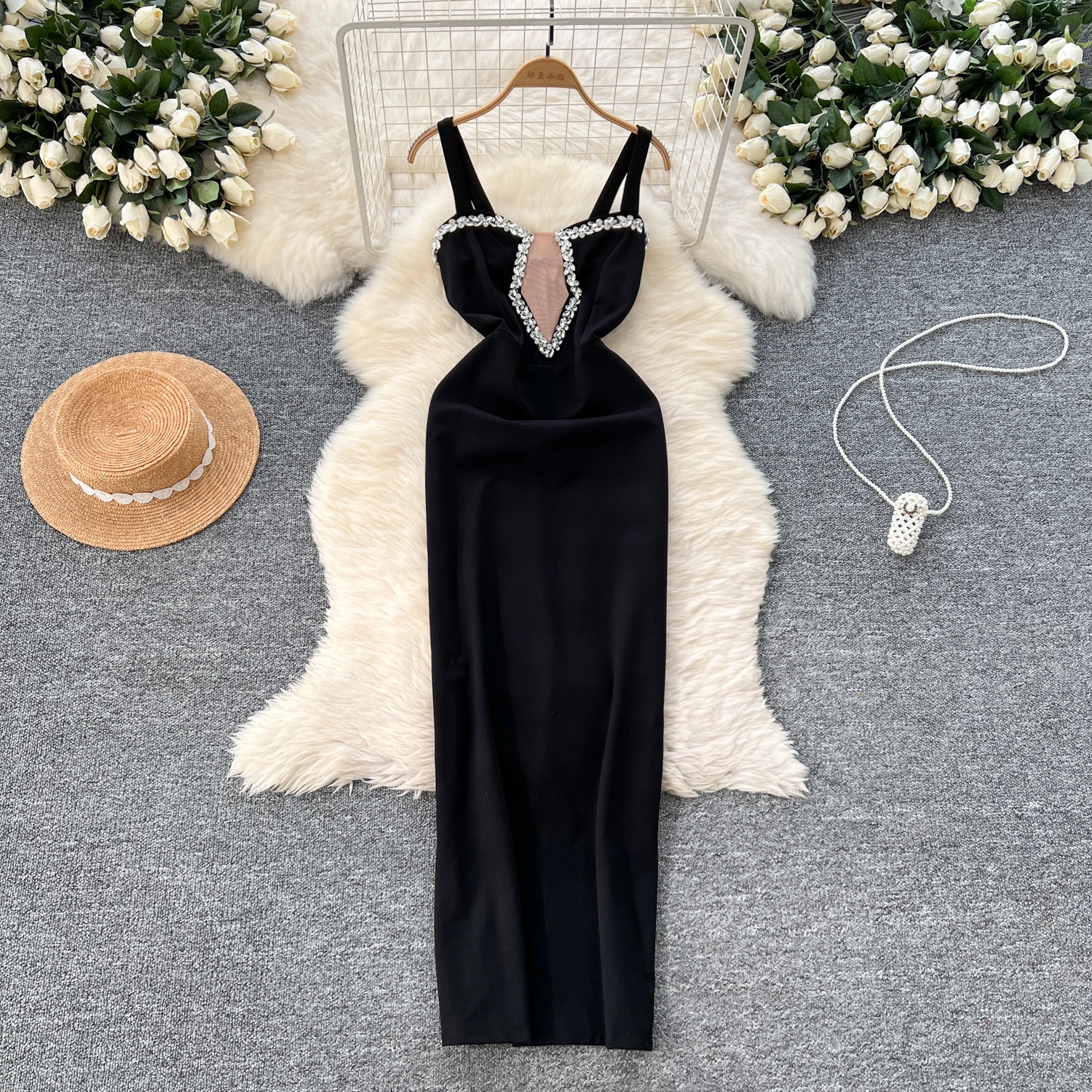 Elegant Sleeveless Sexy See Through Mesh Vintage Rhinestone Chic Split Slim Dresses Korean Evening High Street Autumn Clothing