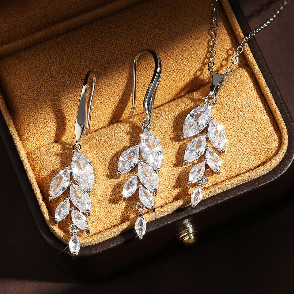 ZAKOL Poland Style Cubic Zirconia Leaf Hook Earrings Necklace Set for Women Elegant Bridal Wedding Party Jewelry Dress