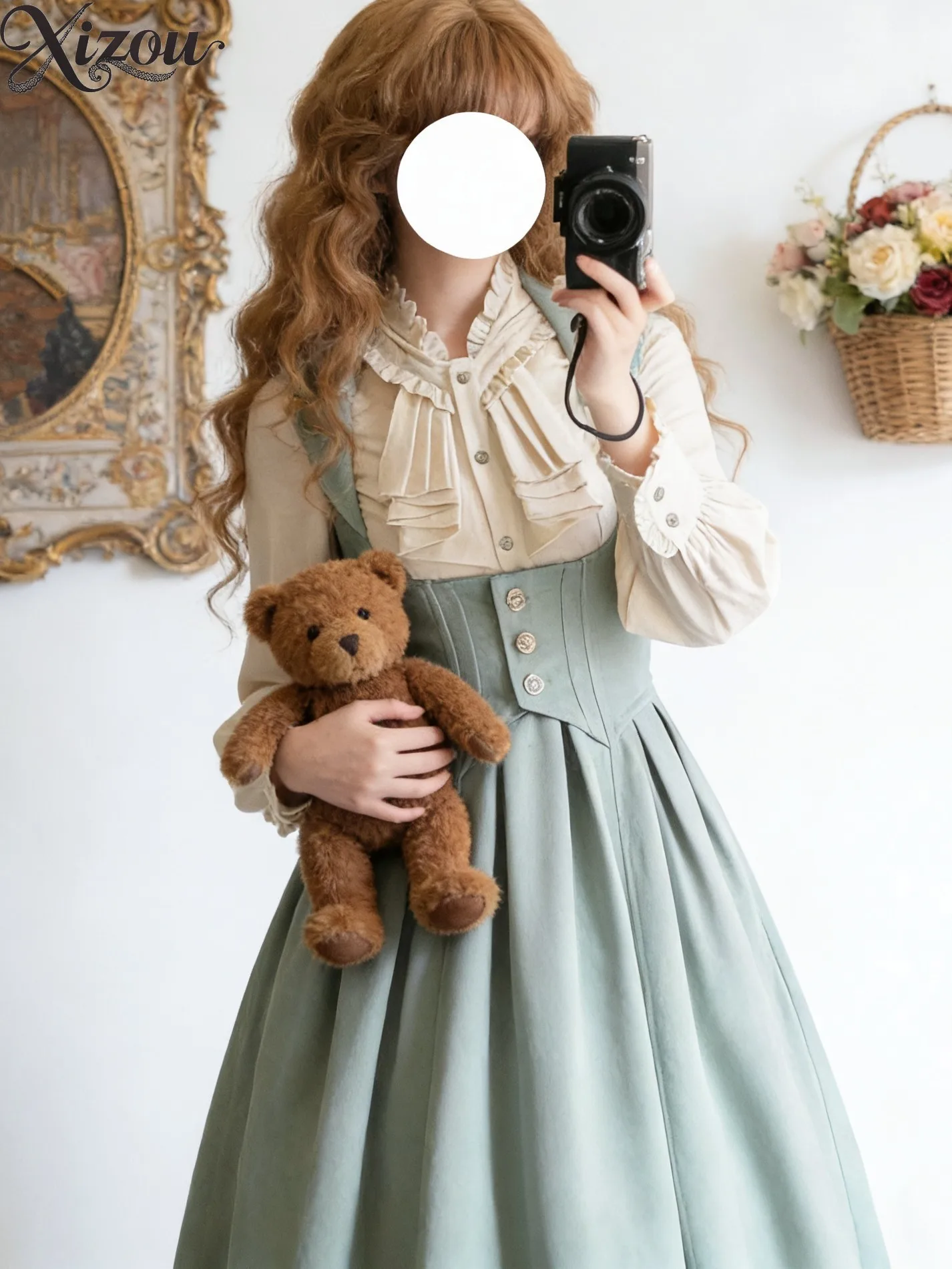 Medieval Victorian Lolita Two-Piece Outfit Ruffle Long Sleeve Inner Shirt High Waist A-Line Bustier Dress Retro Court Party