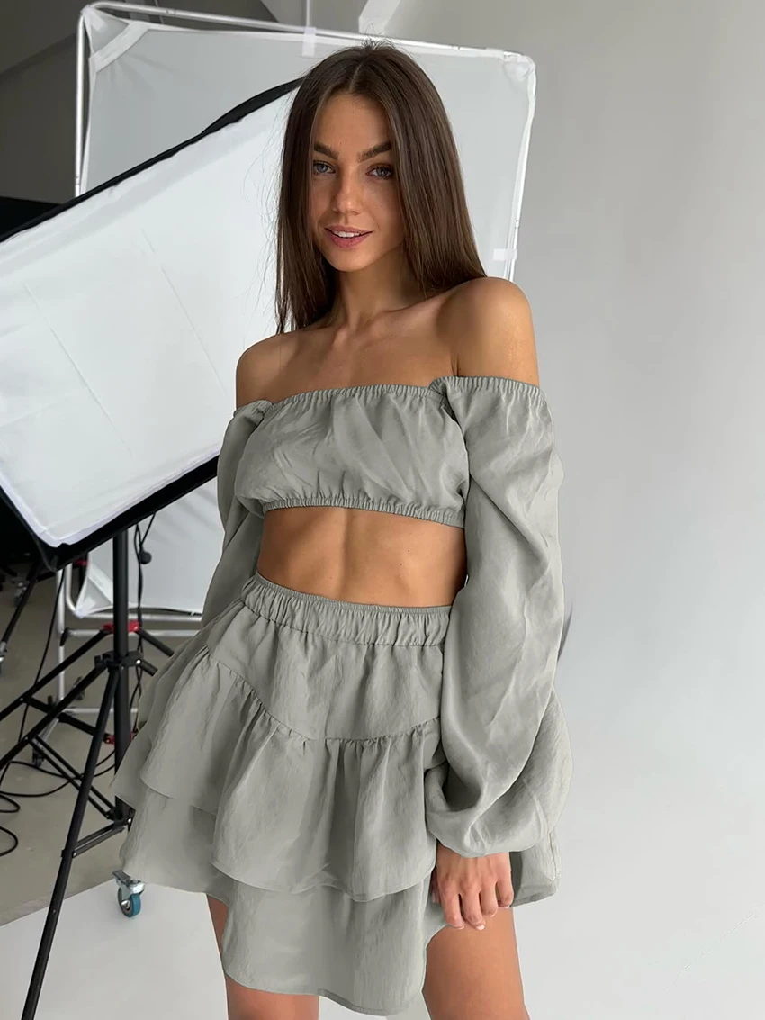 Martha qiqi lässig weiblich Pyjama 2 Stück Anzug Slash Neck Nachtwäsche Langarm Nachthemd Crop Top Nachtwäsche Kurzrock Pyjama Set