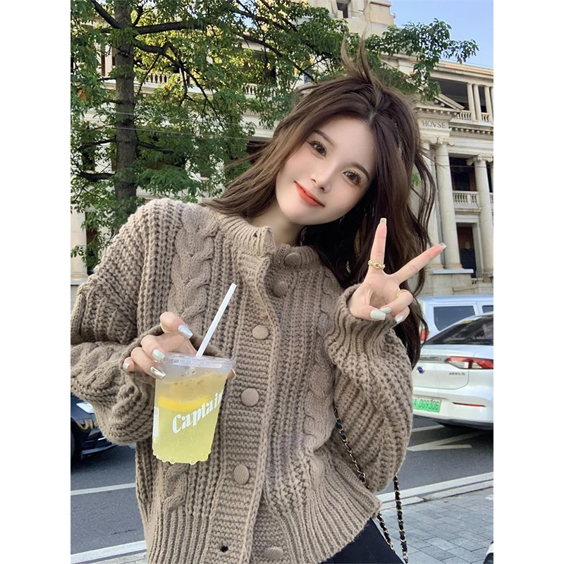 Vintage O-neck Knitting Cardigan Women Autumn Winter Simplicity Loose Solid Color Sweater Coat Sweet All-match Knitwear Tops