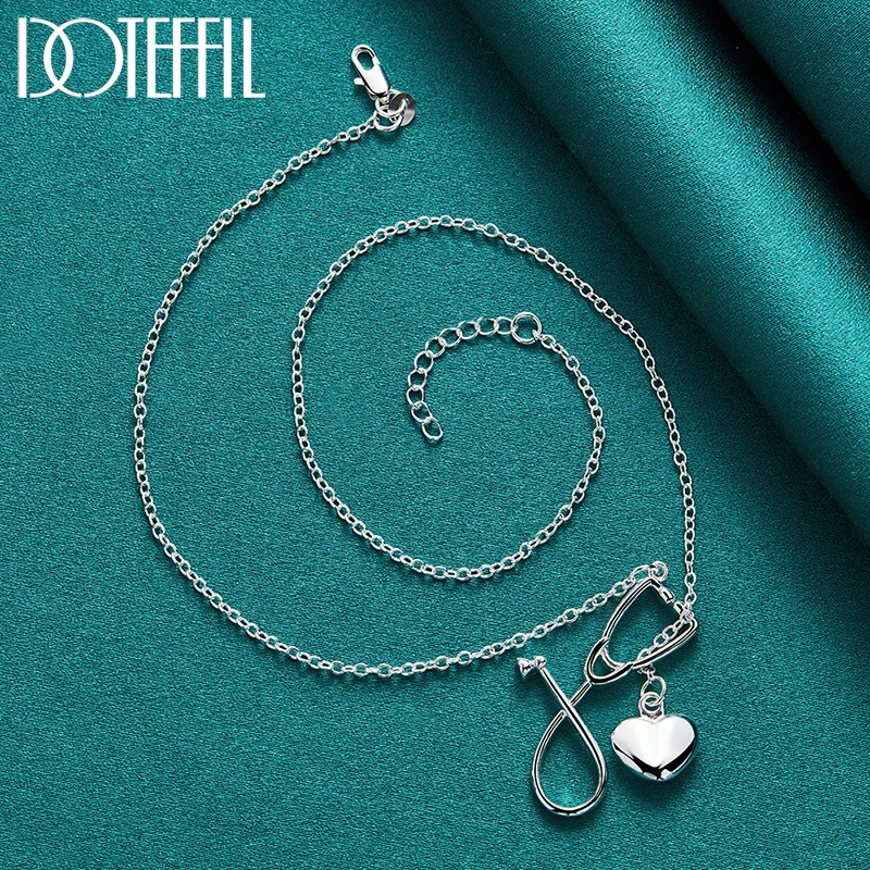 

DOTEFFIL 925 Sterling Silver Stethoscope Heart Pendant Necklace Chain For Women Fashion Wedding Party Charm Jewelry