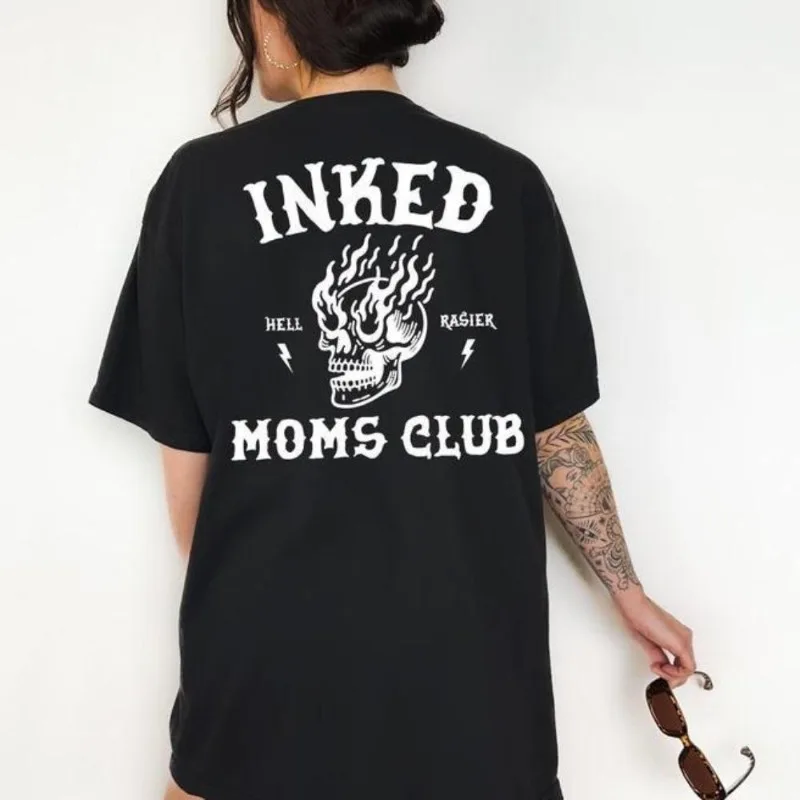 

Inked Moms Club Graphic T Shirt Women Oversized Punk Rock Skull Flame Print Top Casual Streetwear Short Sleeve Tattoo Mom Tee