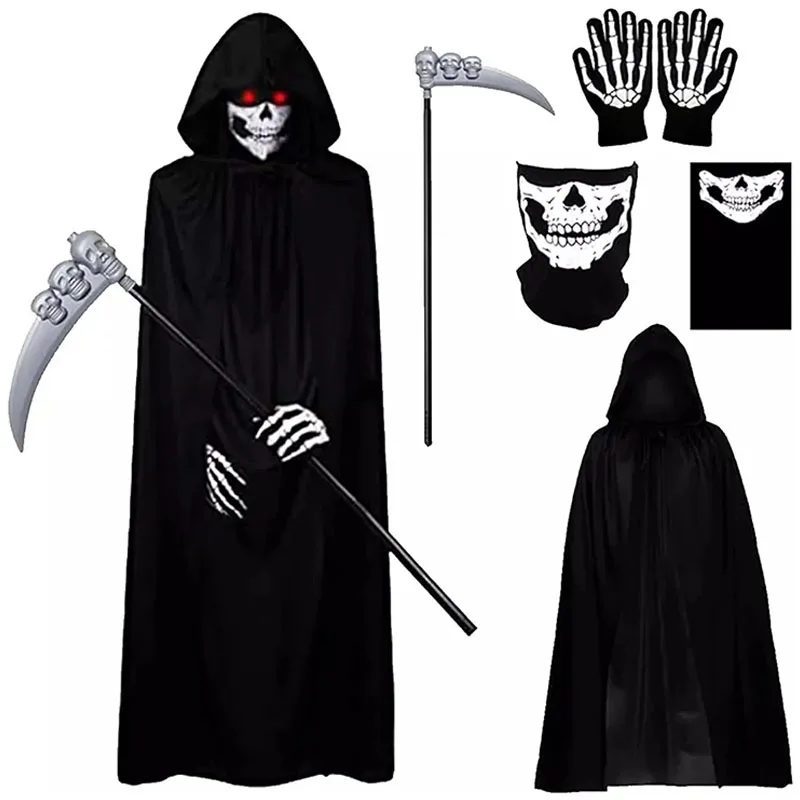 Halloween Grim Reaper Costume Death Cloak Scary Skeleton Mask Gloves Scythe Cosplay Party Props Men Women Festival Accessories