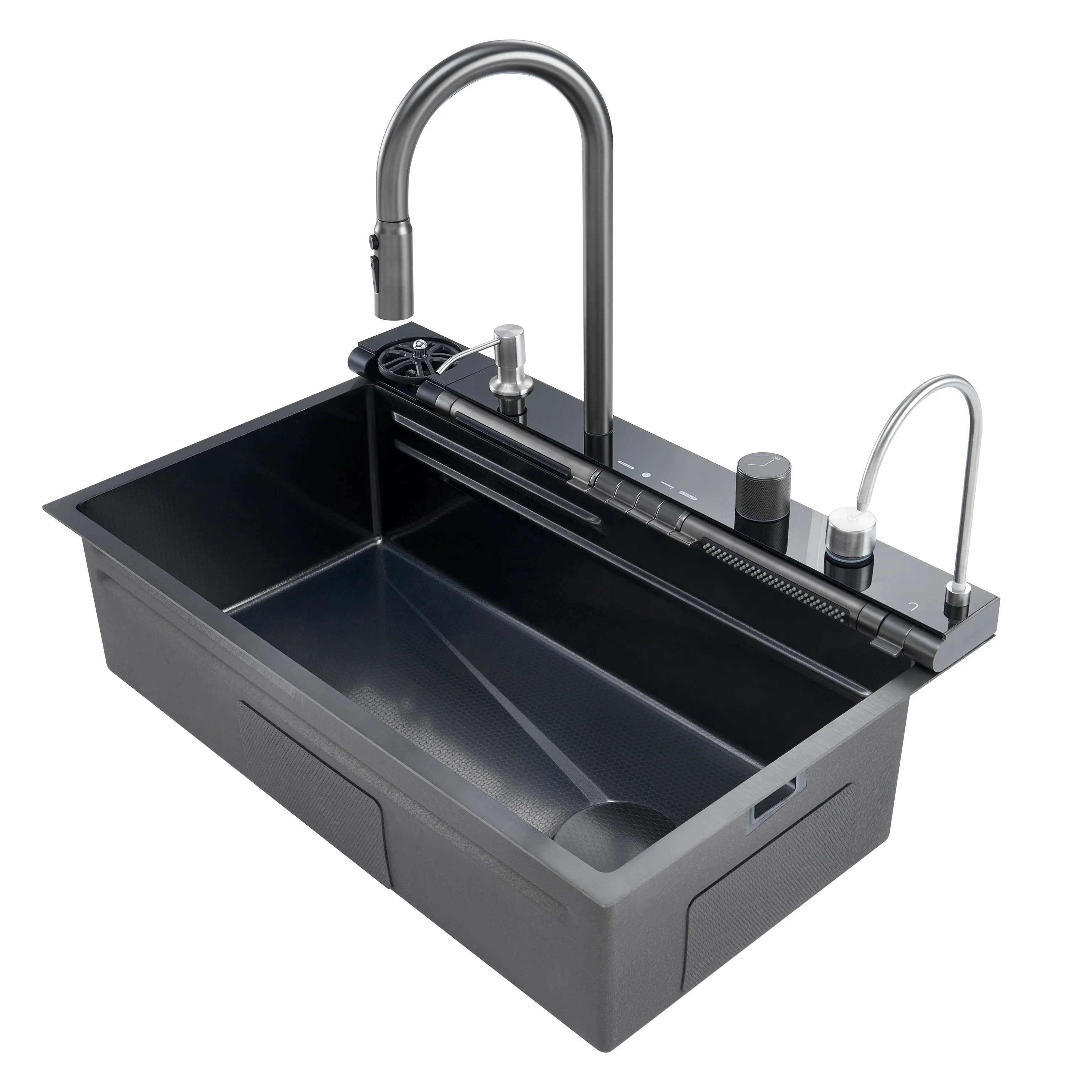 

Trending Product Waterfall Kitchen Sink Stainless Steel Black Basin Smart Sink LED Light Fregaderos De Cocina with Cup Washer