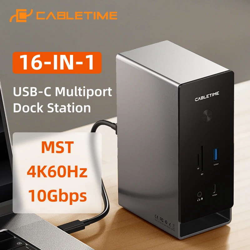 

CABLETIME 16 IN 1 USB C Dock Station 4K60Hz HDMI MST Microchip PD100W 10Gbps Type C 1000Mbps Lan Port for Laptop Macbook Pro