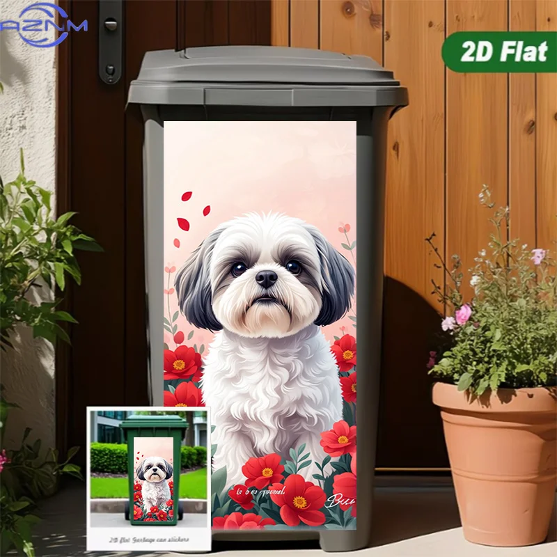 of Trash Can Sticker Measuring 37*82cm / 14.57*32.28 Inches, Featuring a Cute Dog with Red Flowers Design. This Matte Surface