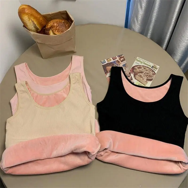 Camiseta térmica de invierno para mujer, sin costuras, con forro de terciopelo, sin mangas, chaleco cálido, camiseta interior para mujer, de color liso, lencería sexy.
