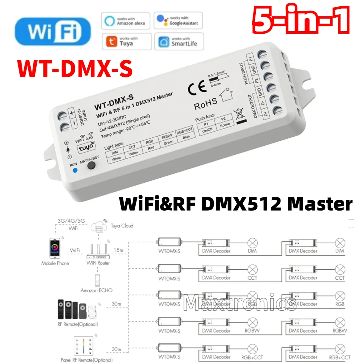 

12-36V 5-in-1 WiFi&RF DMX512 Master TUYA APP Control WT-DMX-S 5CH DMX Signal Output For Single Color RGB RGB+CCT RGBW LED Light