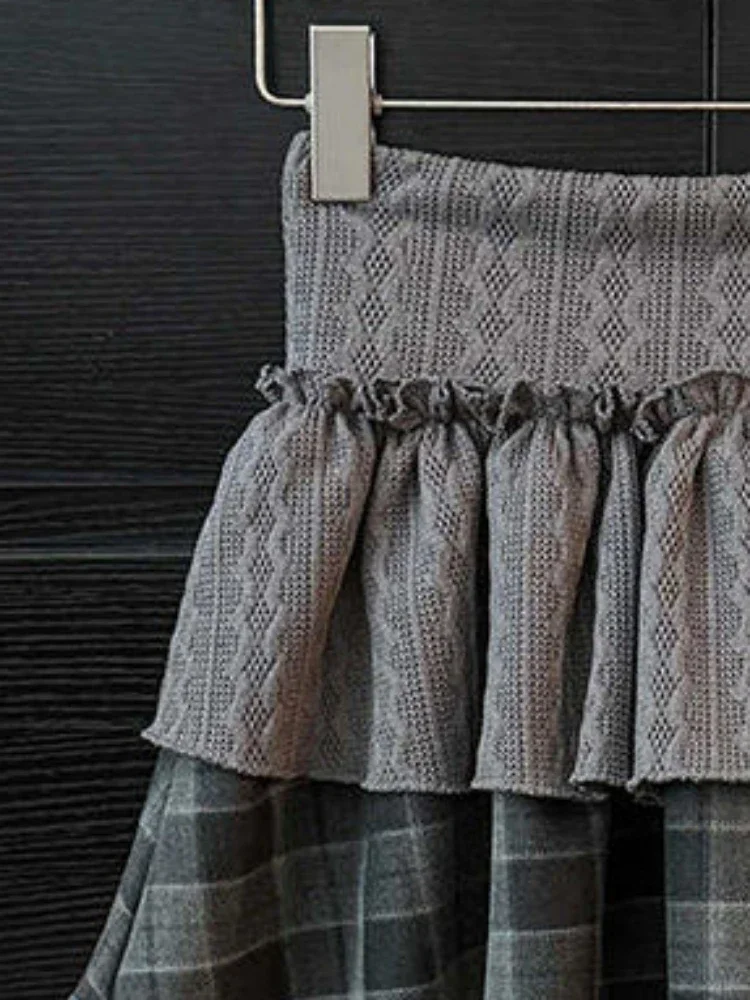 Harajuku Girls Knitted Patchwork Plaid Grunge Skirts Women Y2k Aesthetic High Waist Skirt Streetwear Vintage Ruffled Mini Jupe