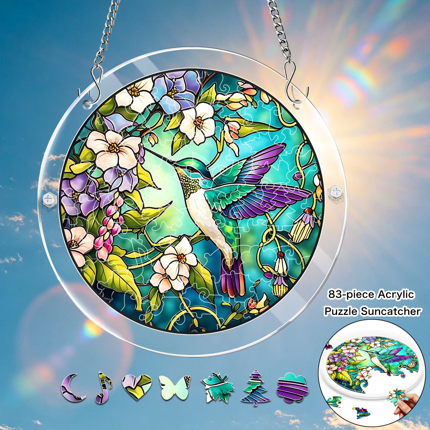 

7.4in Colorful acrylic puzzle garden suncatchers window hanging panel, 83 piece puzzle Stained sunlight catcher, Home Ornament