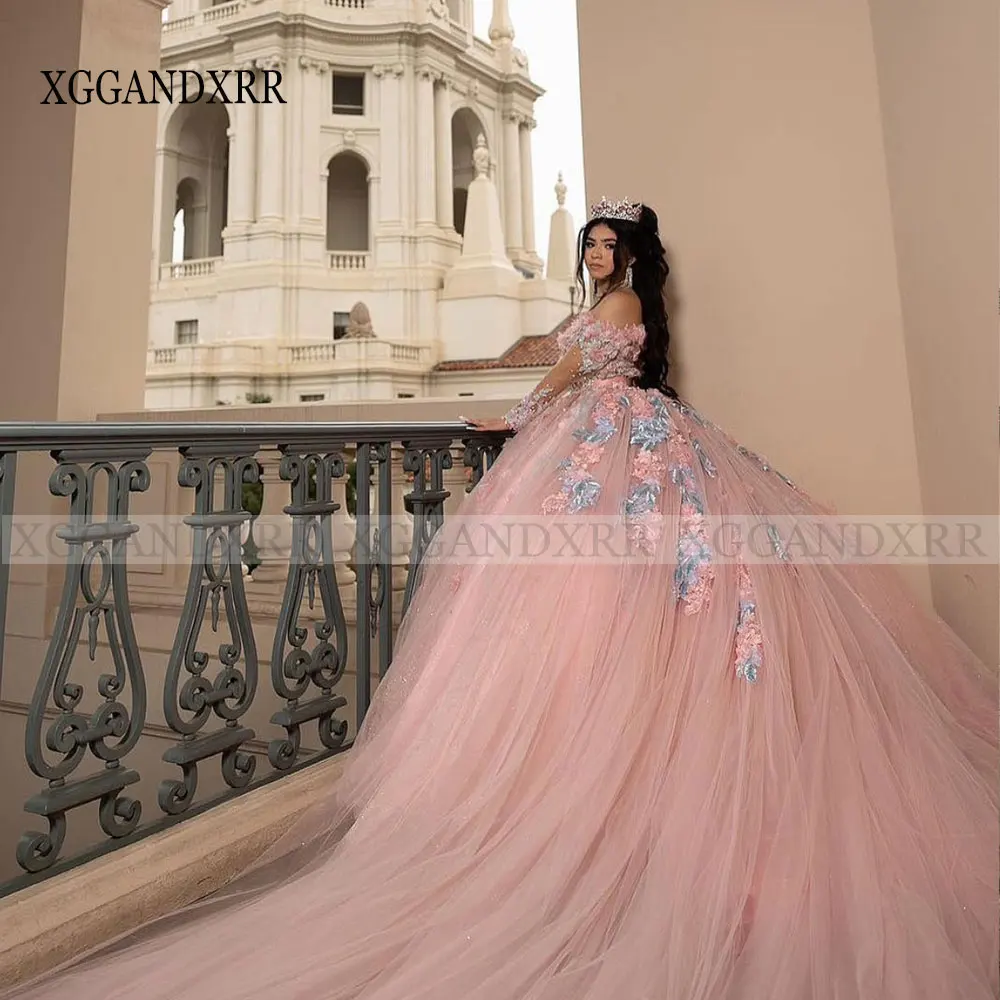 Quinceanera vestido floral de baile com gola comprida, vestido rosa tule, doce 16Aniversário, 15, 2024