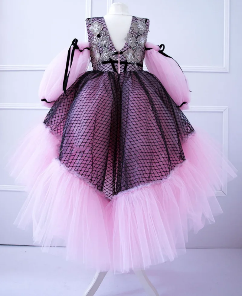 Vestido de tul rosa de manga larga para niñas pequeñas, tutú hinchado de princesa, vestido de fiesta de cumpleaños