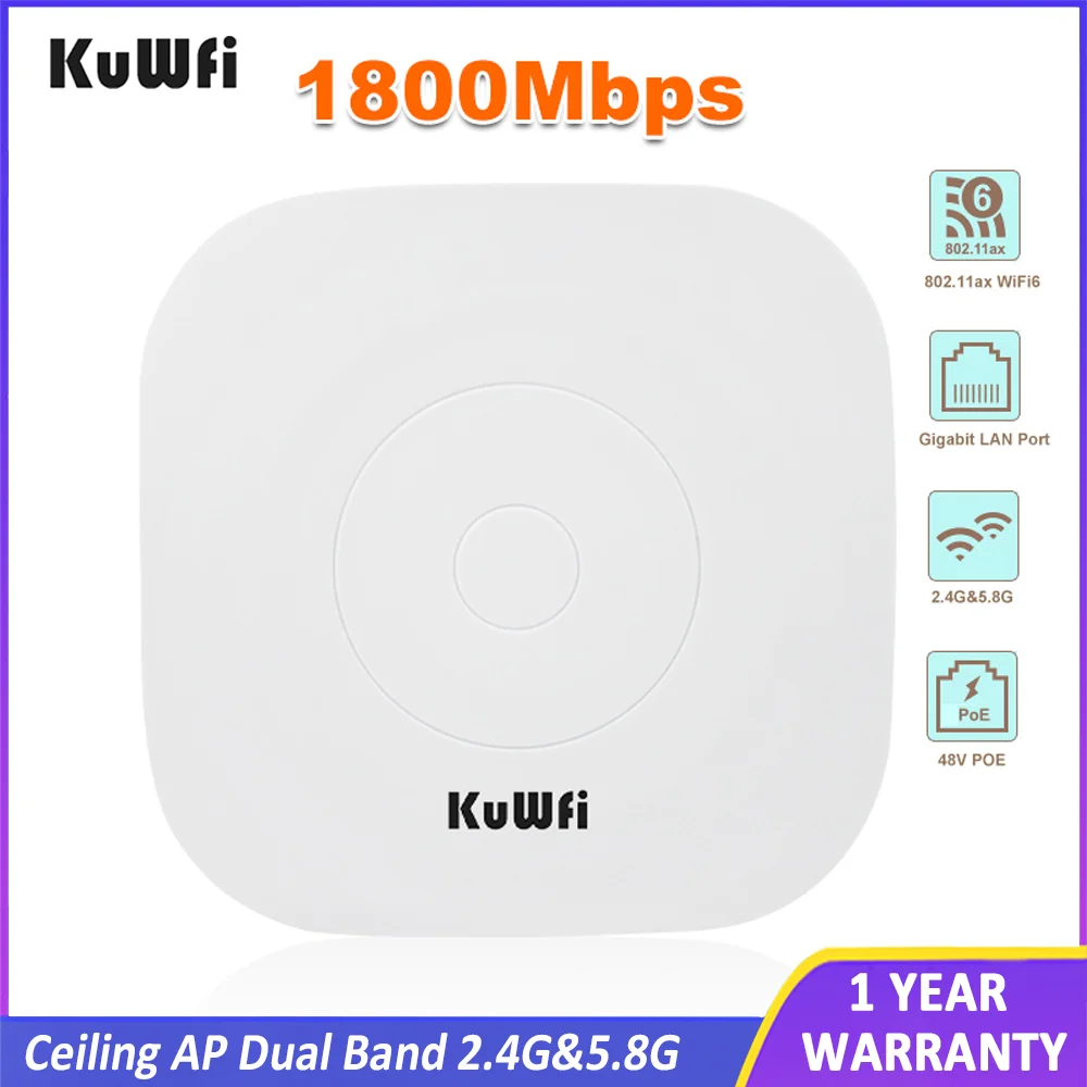 KuWFi 1800 Мбит / с WiFi 6 Беспроводная Потолочная точка доступа Двухдиапазонная 2,4 Г и 5,8 Г 11AX WiFi Range Extender Маршрутизатор Точка доступа