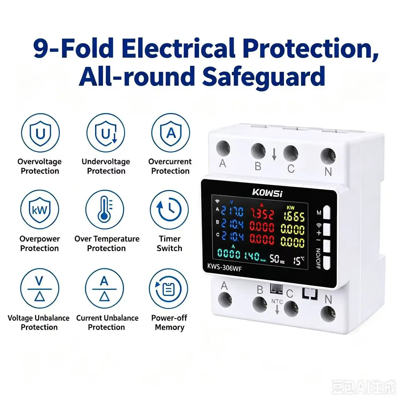 Wifi Power Energy Meter AC Monitor AC 85-290V 80A 3 Phase 4-wire DIN Rail Over Under Voltage Protector Electricity Meter