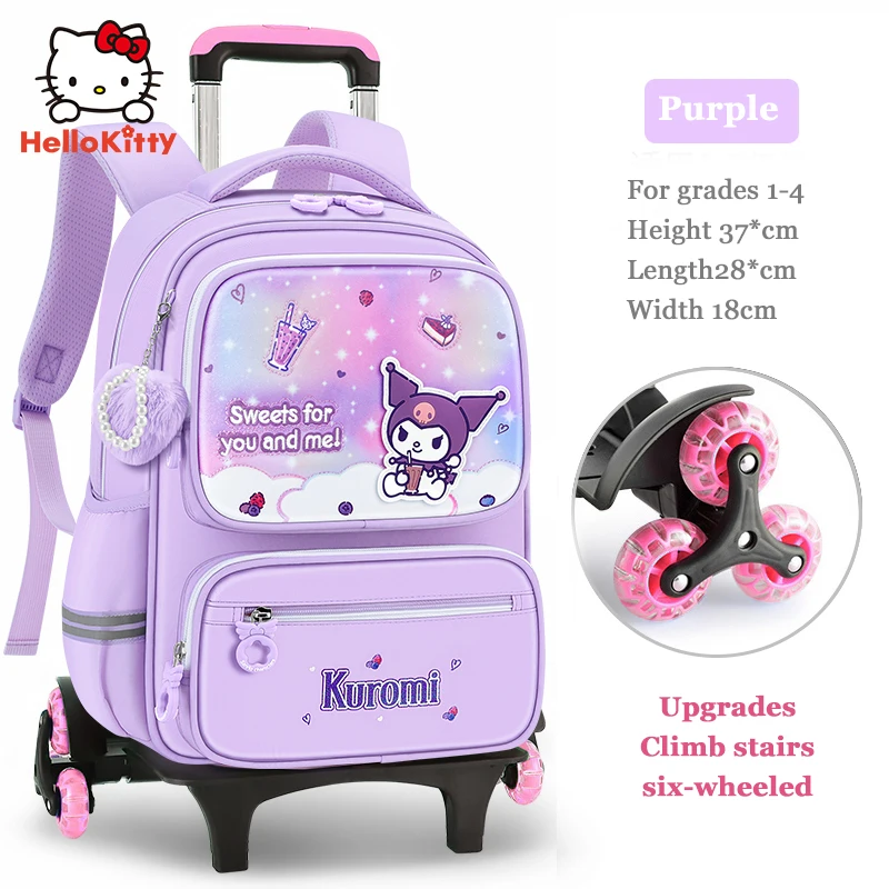 Miniso Kuromi Girls Schoolbag On Wheels Pupils 6 Rounds Trolley Bag Student Wheeled School Bag Children Backpack Grade1-3-6 Gift