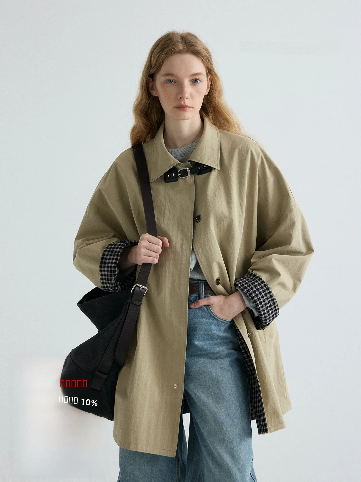 

Retro Cotton Nylon Texture Plaid Double-Sided Wear Windbreaker Nice People2026SS Loose Fit Long Sve Turn-down Collar Coat