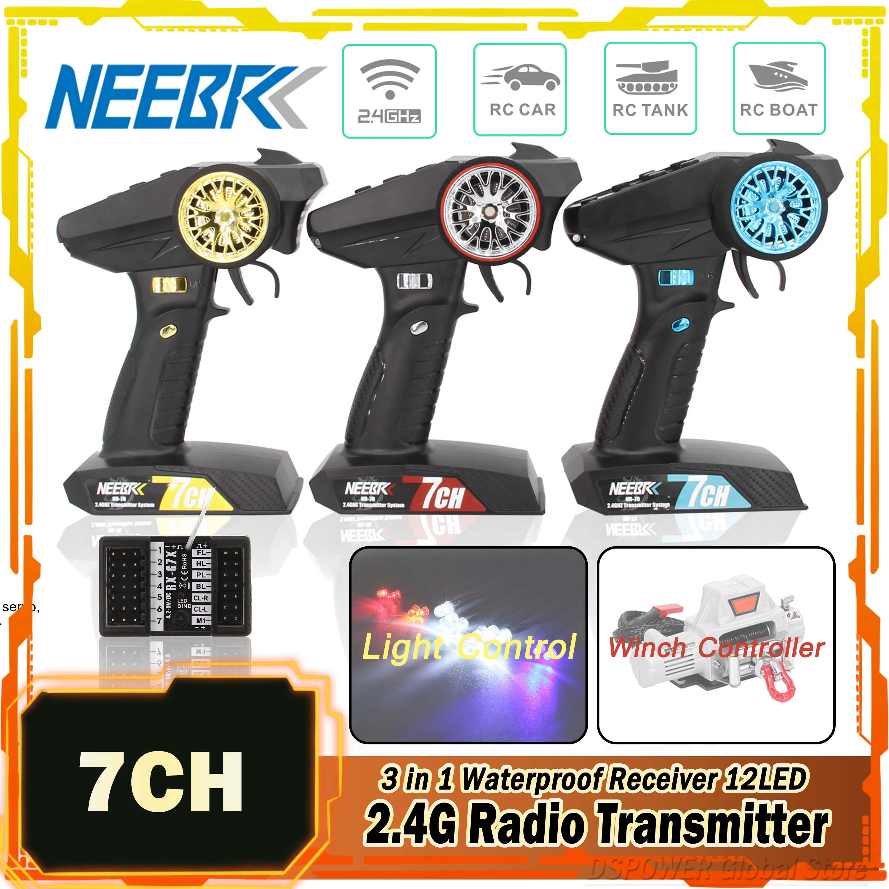 7CH 2.4G Transmitter 3 in 1 Light Control Winch Controller Receiver Radio System 12LED Lamp Set for RC Car Tank Boat Toy Remote