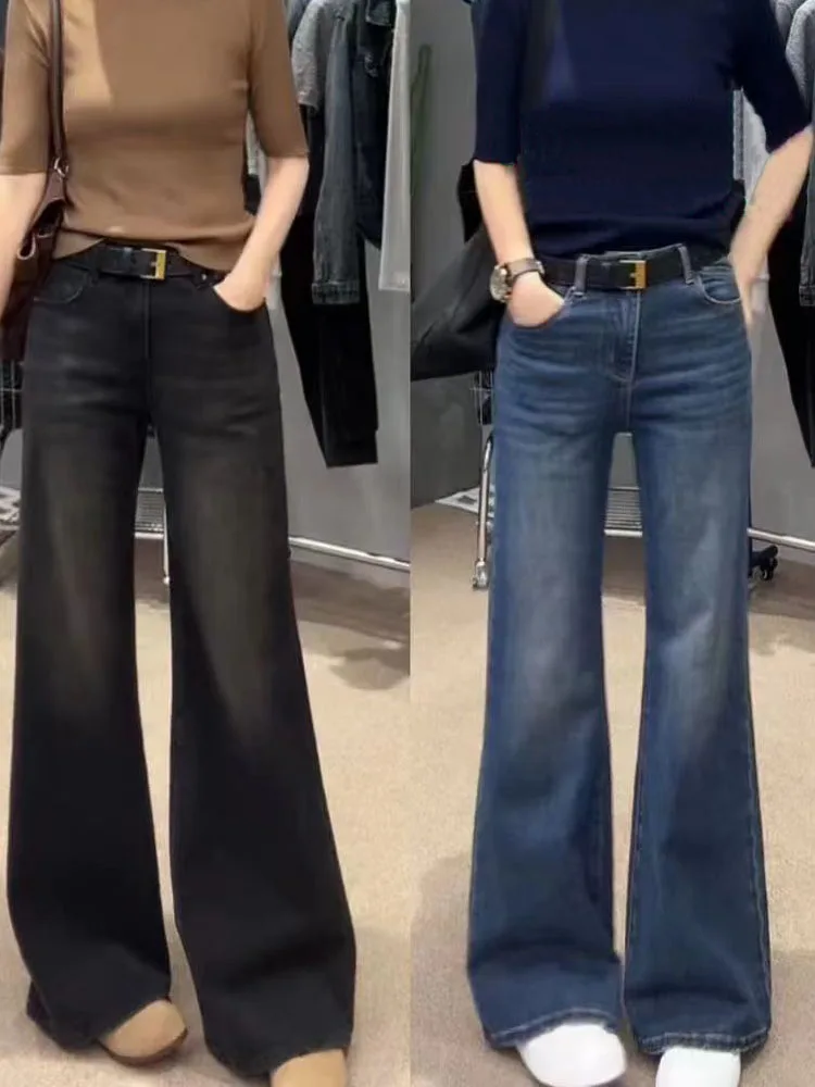 

High Waist Straight Leg Jeans plus Size Women's Autumn Winter New Style Cover Hip Conceal Flare Pants Cotton Stretch Denim