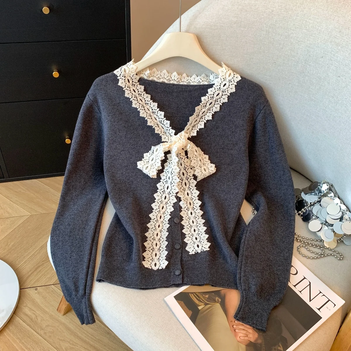

Sweet Lace Belted Long Sve Knitted Sweater Cardigan Women's Faion Slimming Top Winter Sli Ele Soft Nylon