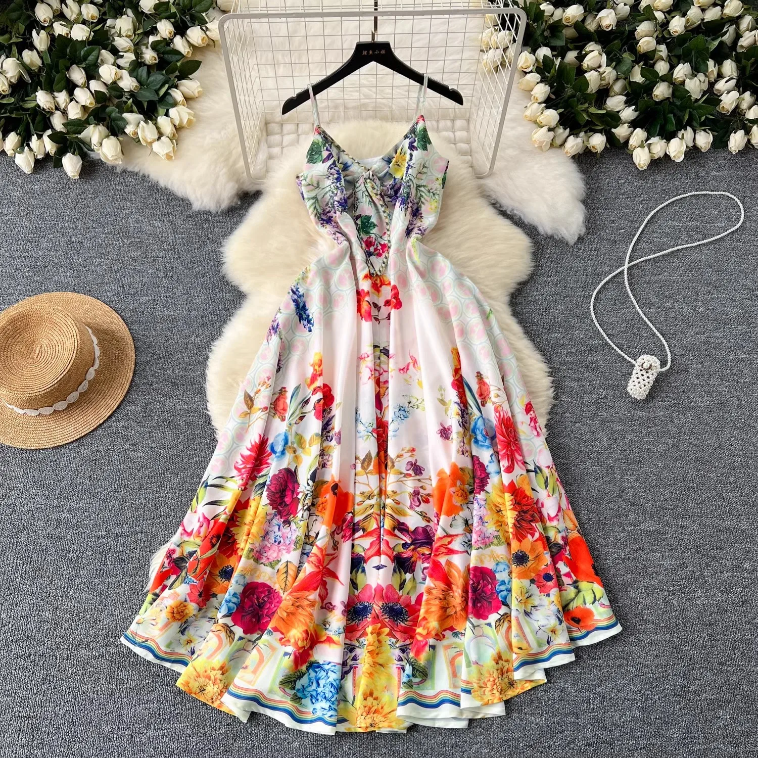 

Runway Fashion Maxi Dress Summer Bohemian Spaghetti Strap Floral Print Sundress Bow Elegant Backless Long Robes Vestidos 6846