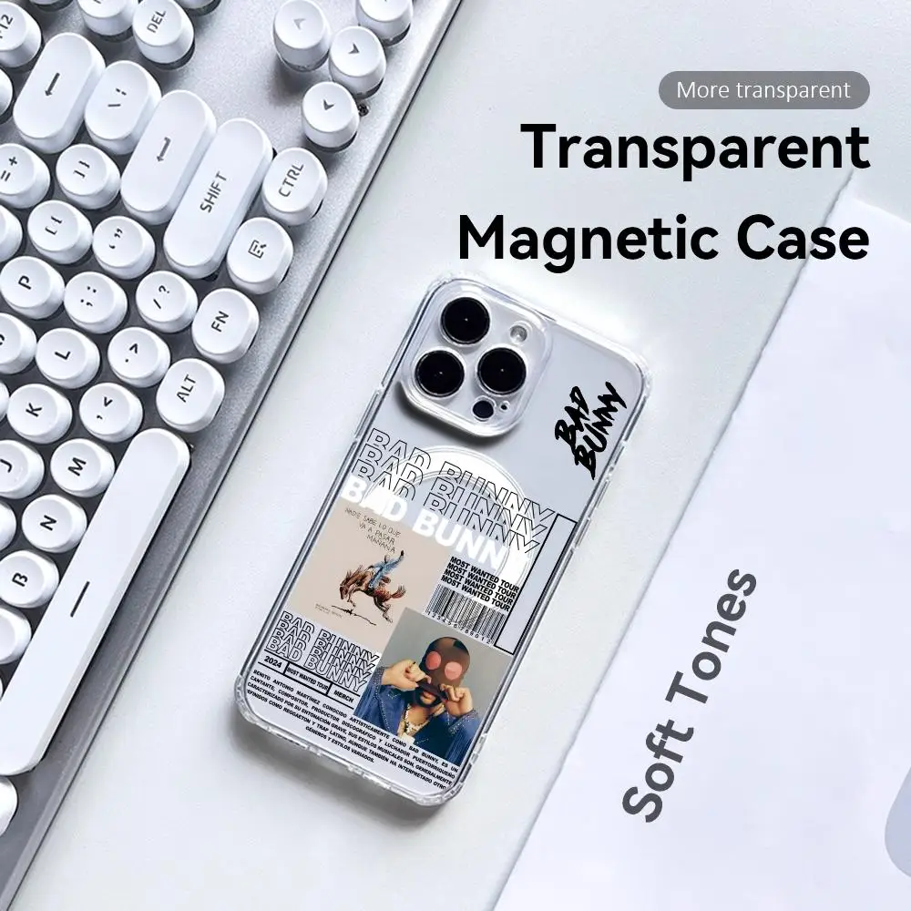 

Чехол для телефона Singer B-Bad Bunny для iPhone 17 16 15 14 13 12 Pro Max Plus с MagSafe, прозрачный, с поддержкой беспроводной зарядки