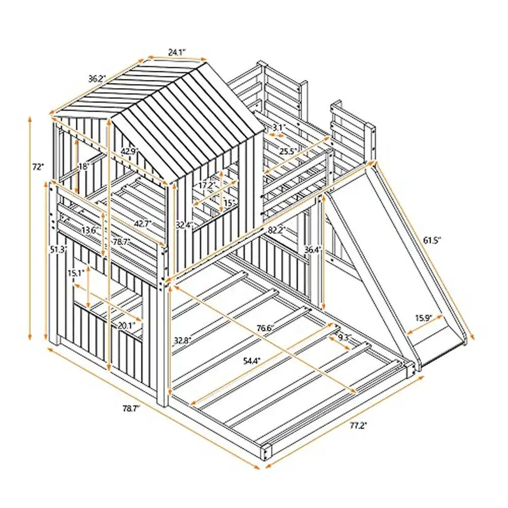 House Playhouse Bunk Beds with Slide Roof Guard Rail Twin Over Full Kids Teens No Box Spring Needed High Quality Wooden Frame