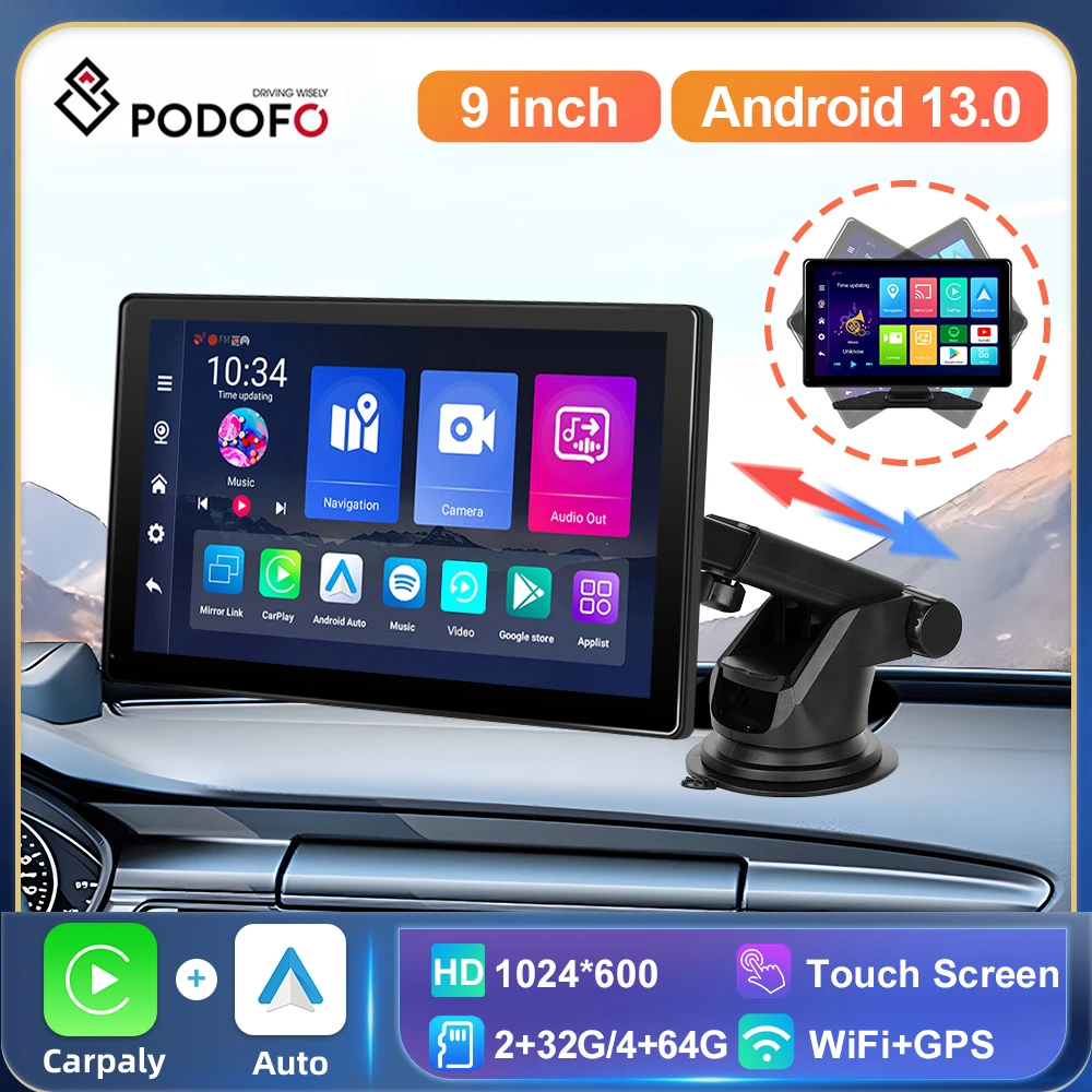 

Podofo Android 13 CarPlay Portable Smart Player 9 " Carplay Android auto Monitor Navigation GPS WIFI Airplay Screen Dashbord